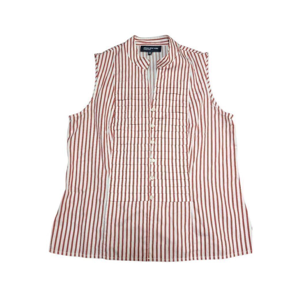 Jones New York Red White Striped Button front Sleeveless Blouse Women's M